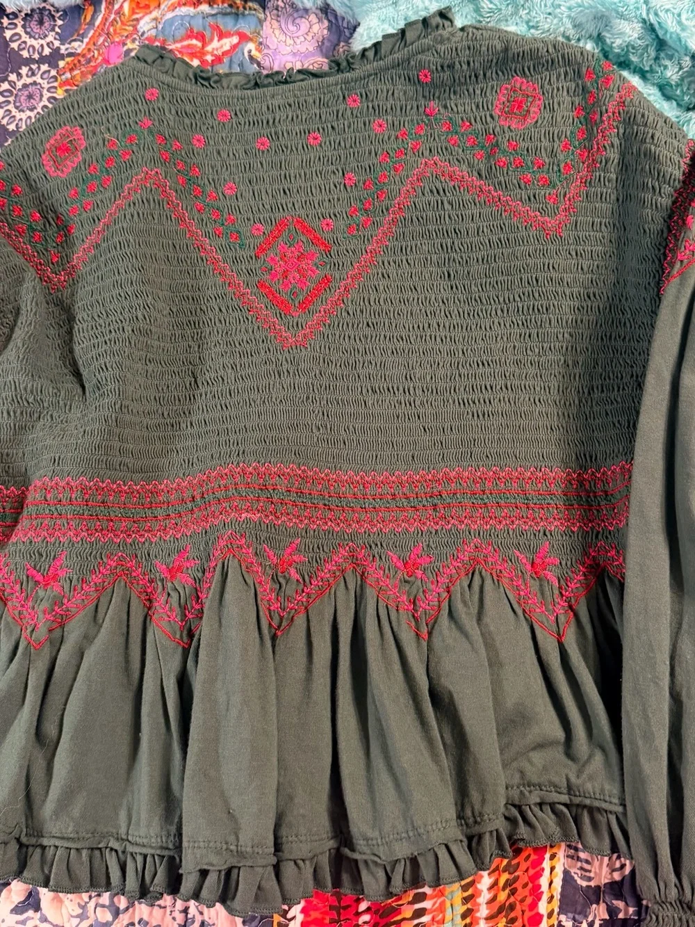 Free People Forest Green Peasant Tunic with Pink and Red Embroidery